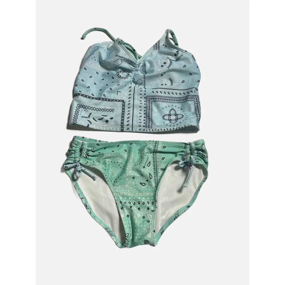 Art Class Bikini Swimsuit Kids L 10/12 Blue Green Bandana Paisley Two Piece Set